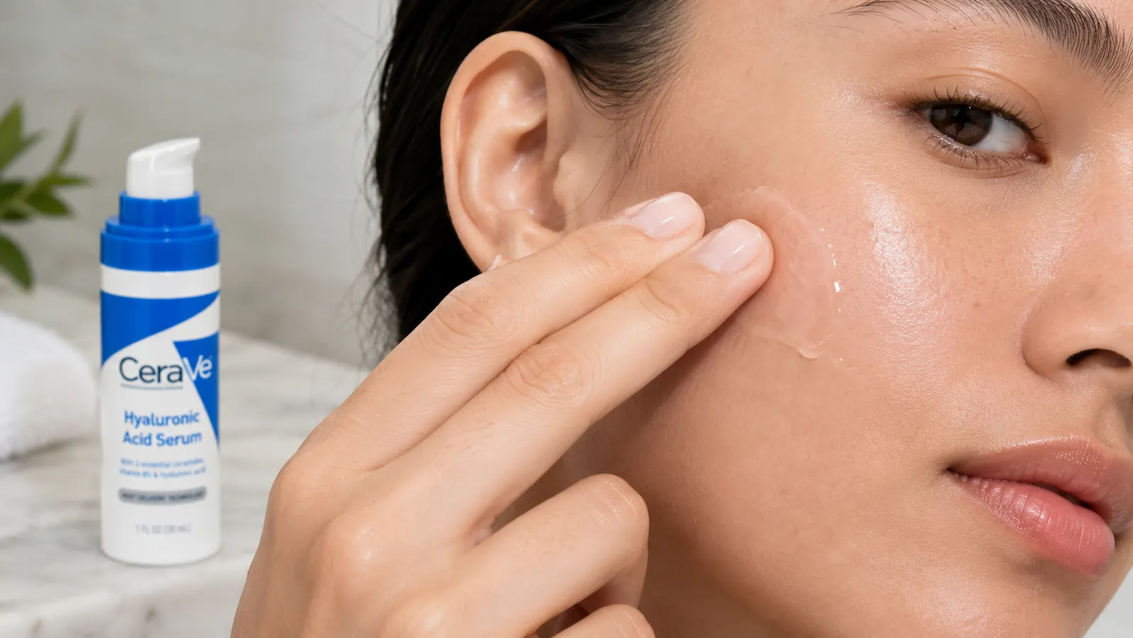 Person applying a few drops of clear serum to their fingertips before pressing it onto clean skin