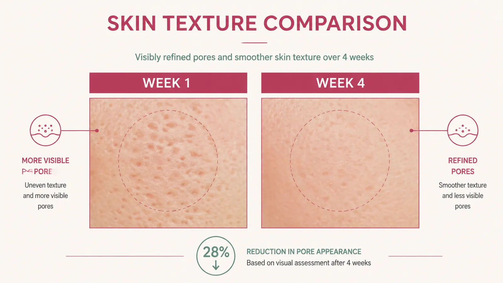 Side-by-side skin texture comparison chart showing enlarged pore appearance before and after four weeks of niacinamide use