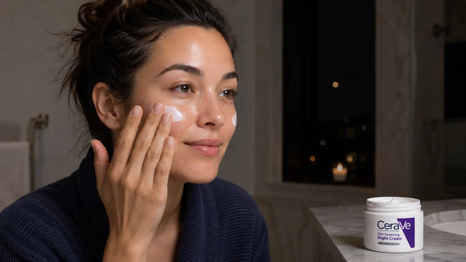Close-up of hands gently pressing night cream into facial skin, CeraVe jar visible on the counter behind