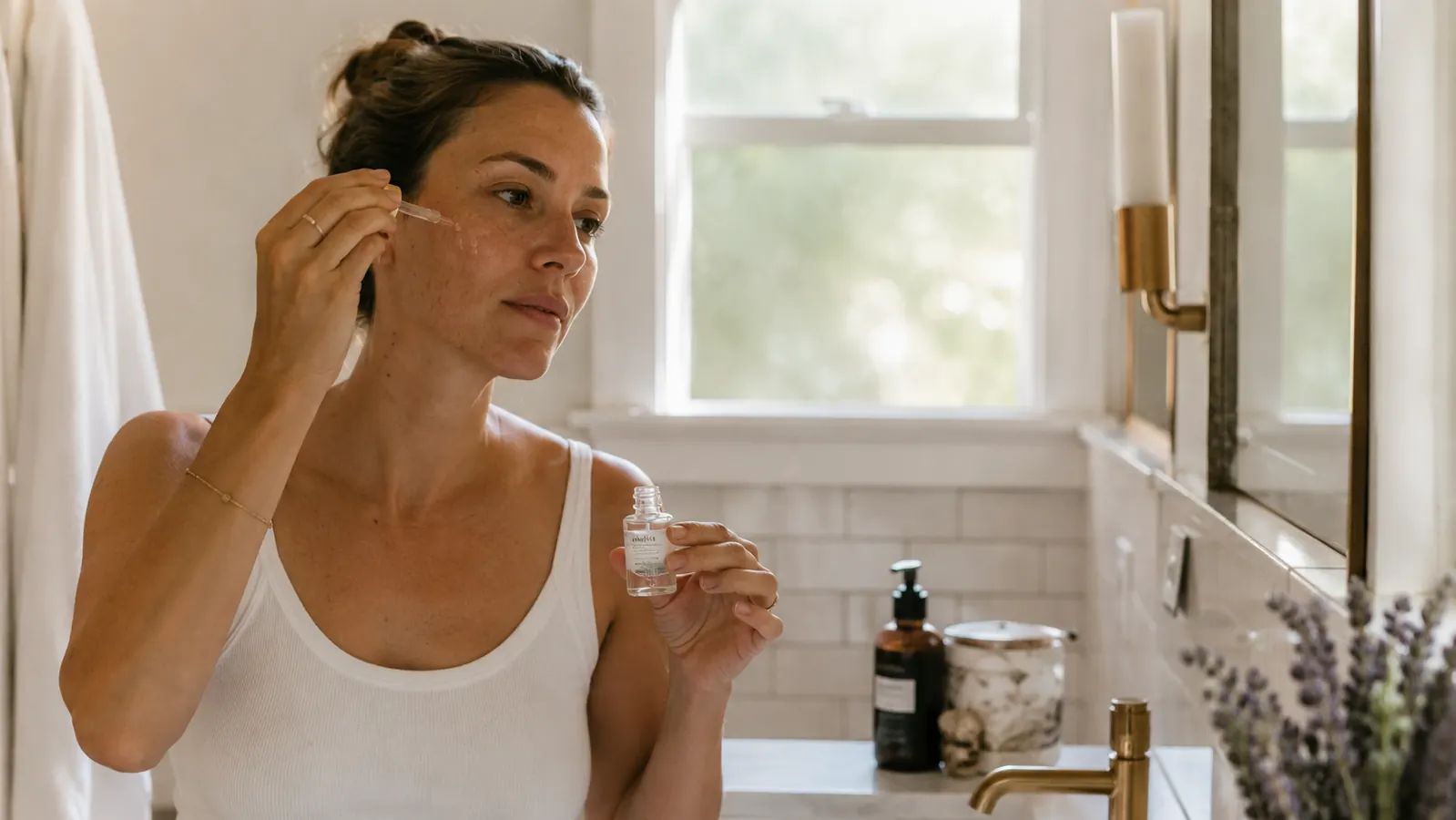 Woman applying a few drops of vitamin C serum to her cheek in morning bathroom light