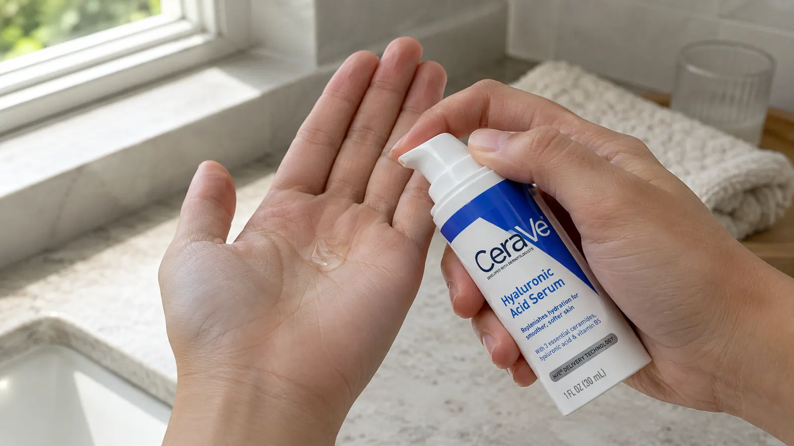 Hand holding a small pump serum bottle, finger pressing dispenser over palm, natural light