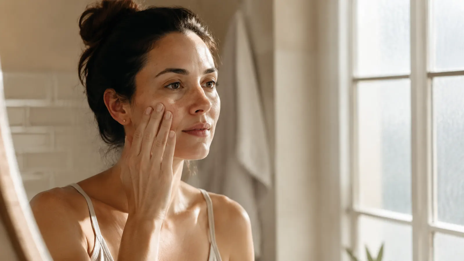Woman pressing fingertips gently to cheekbone, soft morning bathroom light, serene and unhurried