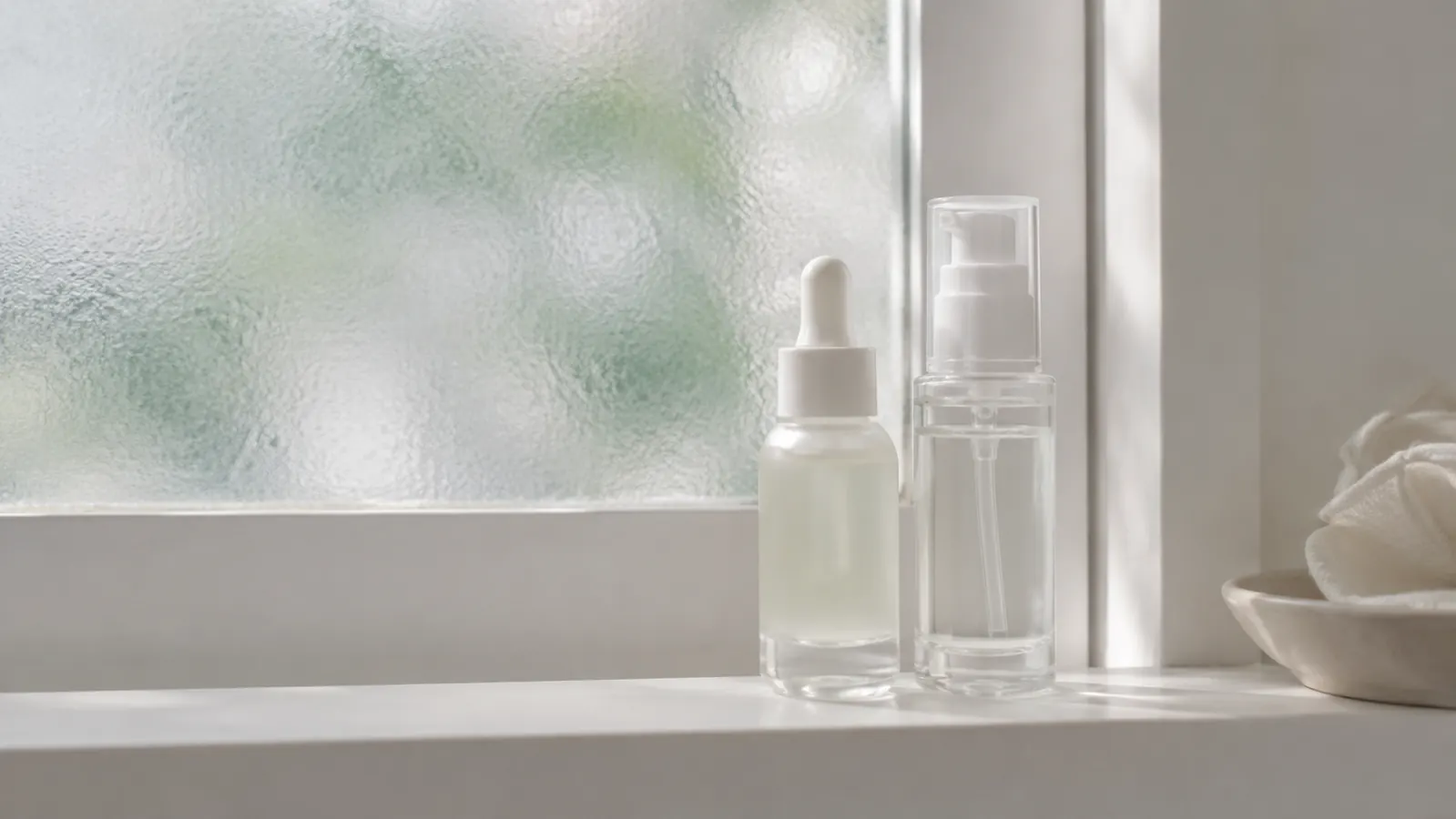 Two small serum bottles side by side on a white bathroom shelf with morning light coming through a frosted window