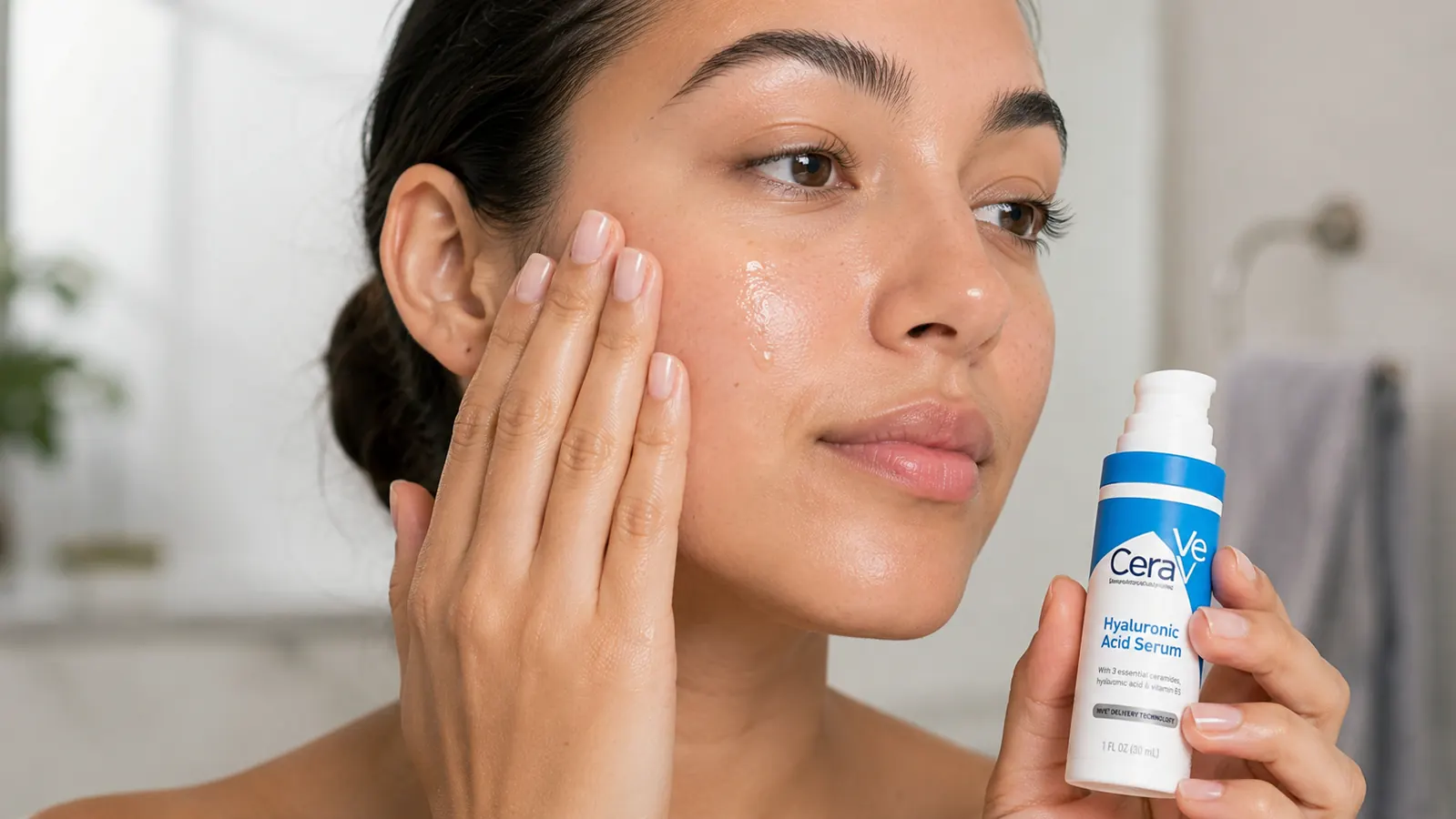 Close-up of a hand pressing a few drops of clear serum into damp skin on the cheek, fingers spread gently