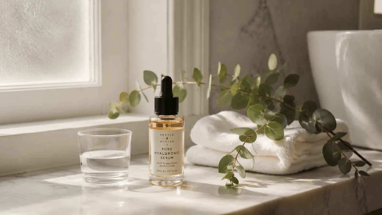 A small dropper serum bottle sitting on a bathroom shelf next to a glass of water, morning light coming in through a frosted window