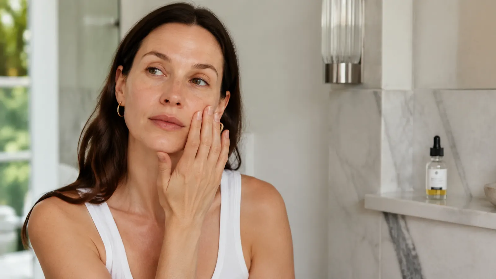 A woman with dry skin pressing her fingertips lightly to her cheek in soft morning bathroom light, a small serum bottle on the shelf behind her