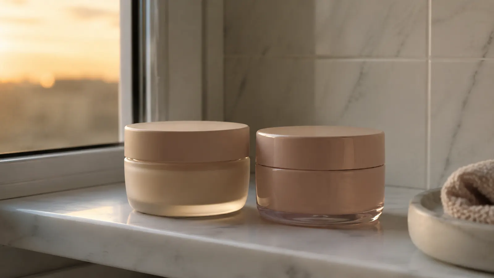 Two night cream jars side by side on a white marble bathroom shelf with soft evening light