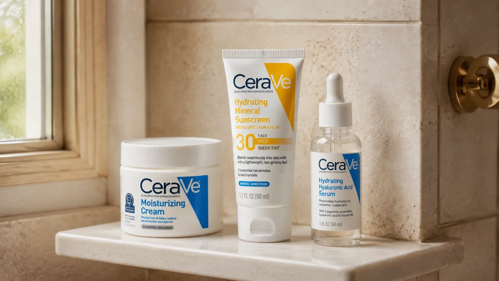 Skincare product lineup showing the CeraVe tinted sunscreen alongside ceramide moisturizer and hyaluronic serum on a vanity shelf