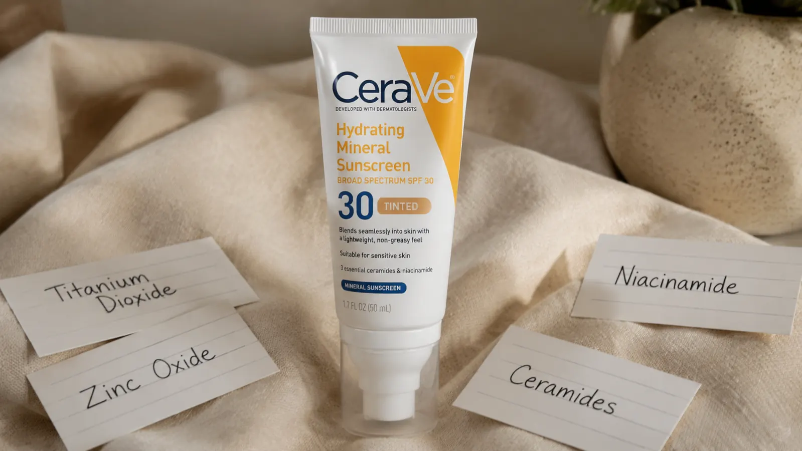 Skincare flat lay showing the CeraVe Tinted Mineral Sunscreen tube open beside ingredient reference cards on a warm linen surface
