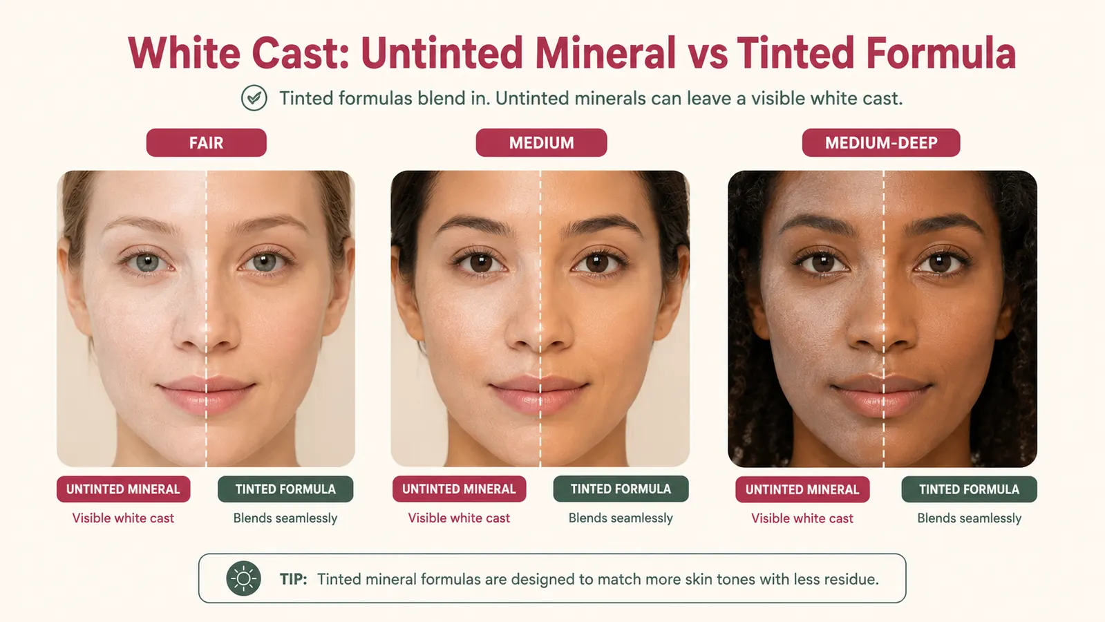 Side-by-side skin comparison chart showing white cast level versus tinted mineral formula on three skin tones