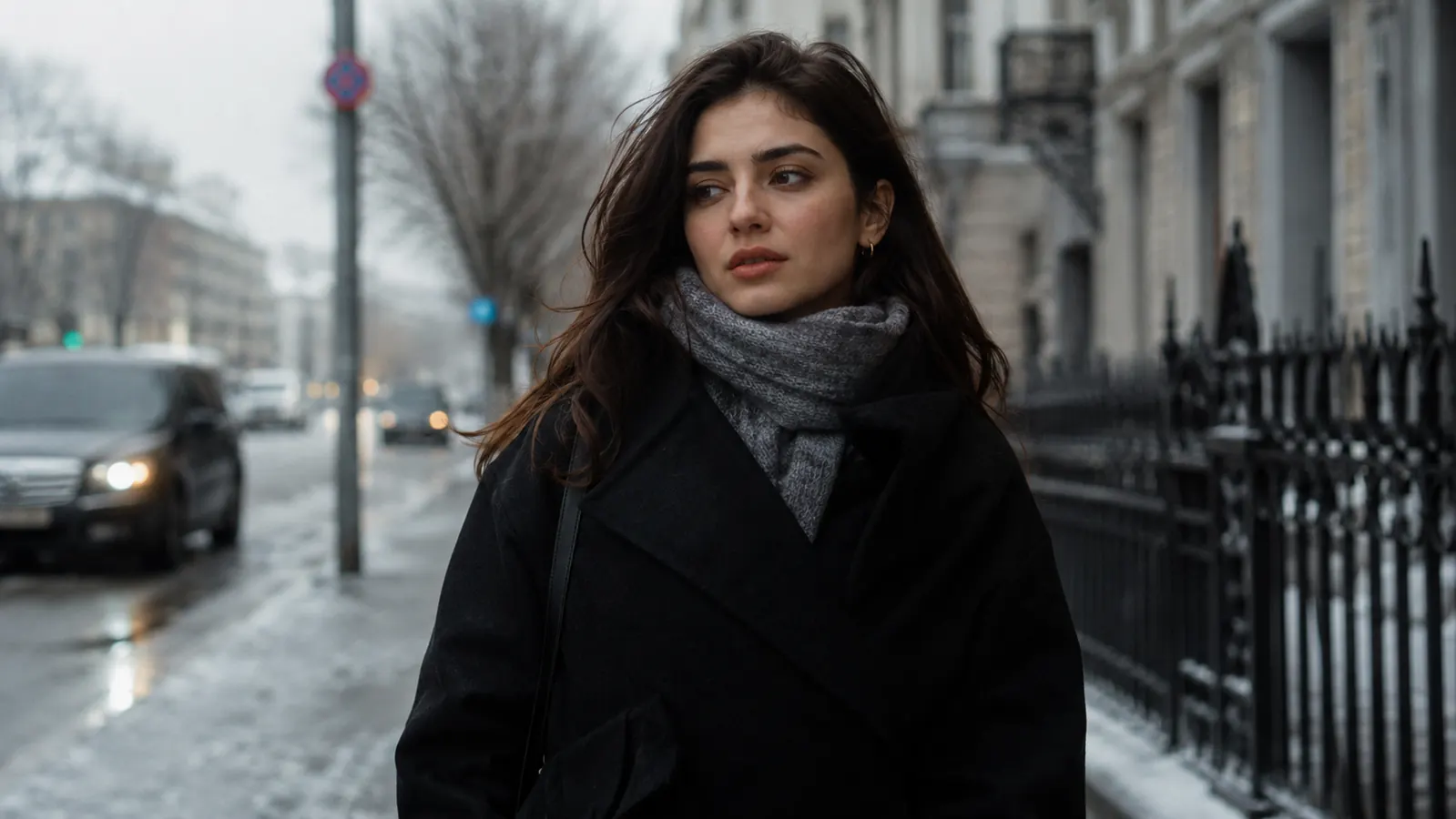 Woman outdoors in winter light, face looking even and natural without obvious makeup, wearing a scarf