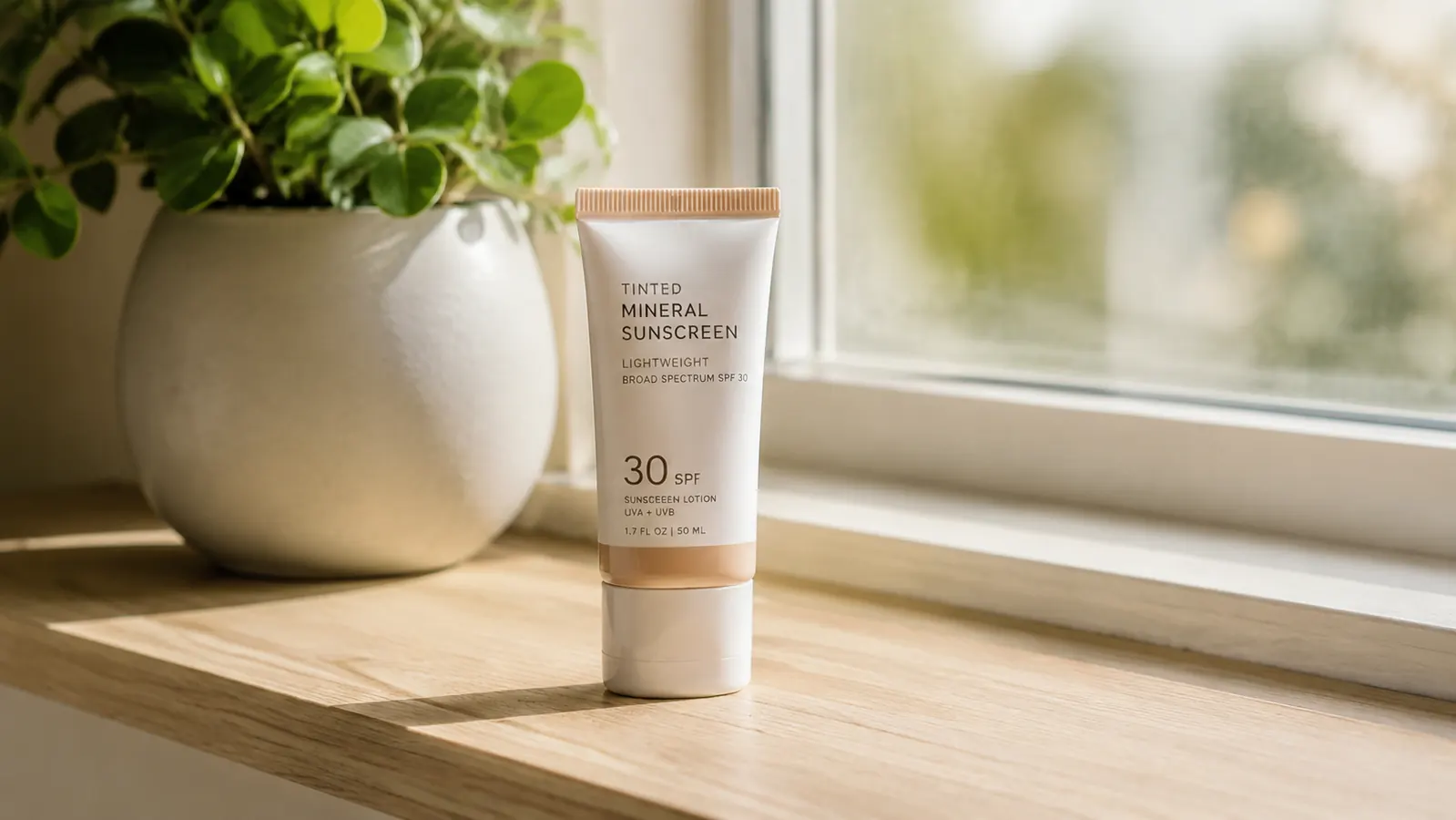 A small tube of tinted mineral sunscreen resting beside a glass of water and a houseplant on a windowsill