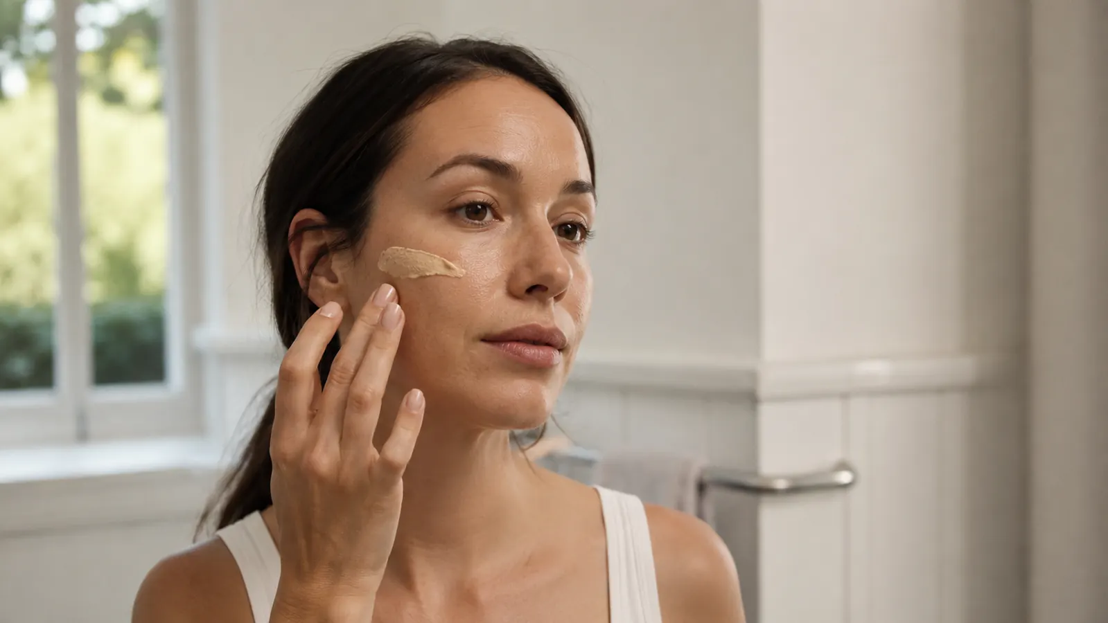 Woman applying a sheer tinted sunscreen in a bright morning bathroom, looking relaxed and unhurried