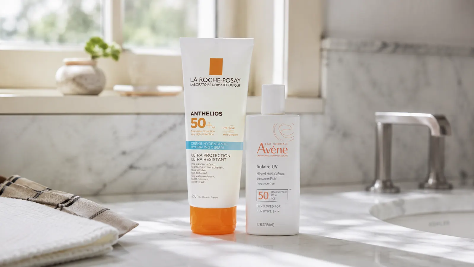 Two mineral sunscreen bottles side by side on a white bathroom counter in morning light