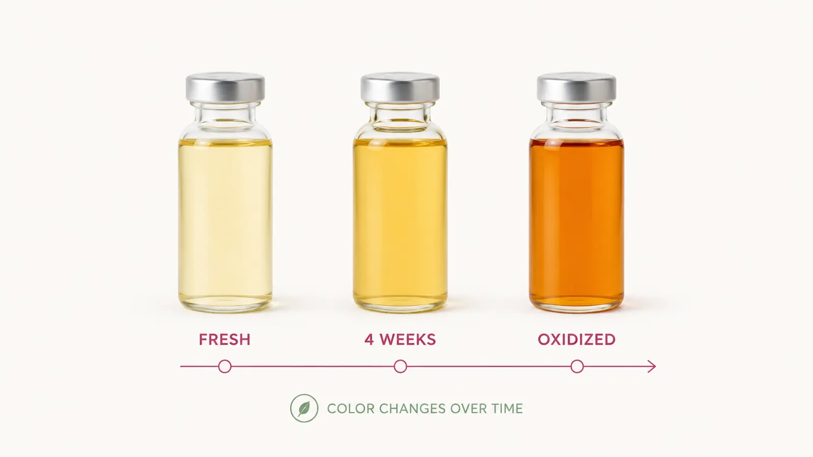 A diagram showing vitamin C oxidation color change from clear to yellow to orange in three small vials