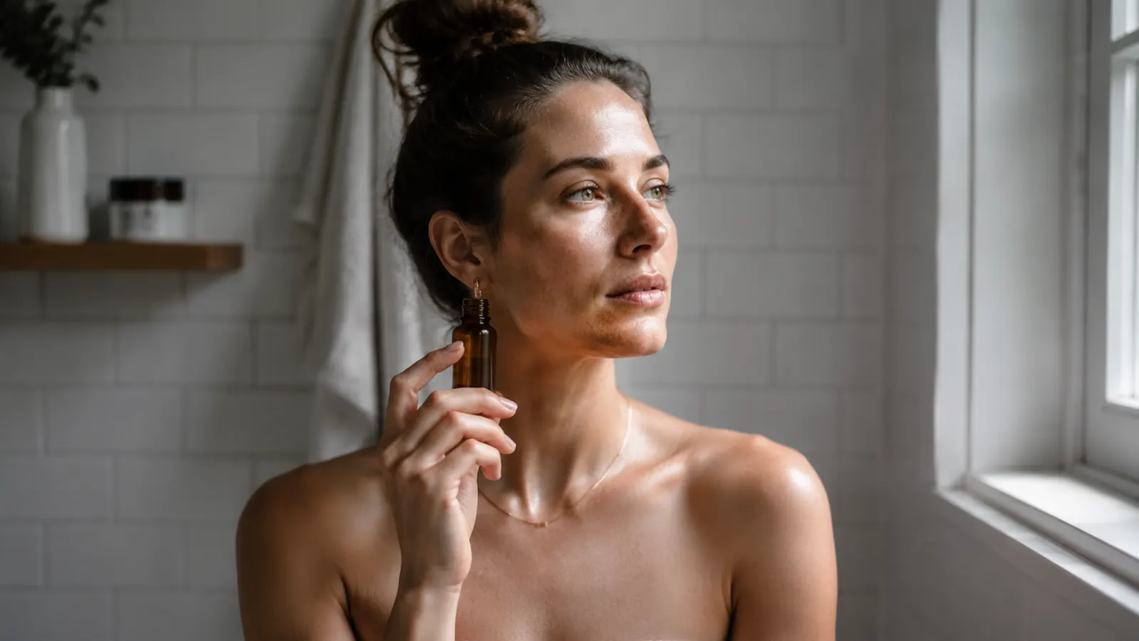 A small amber serum bottle on a white bathroom shelf next to a folded face towel in morning light