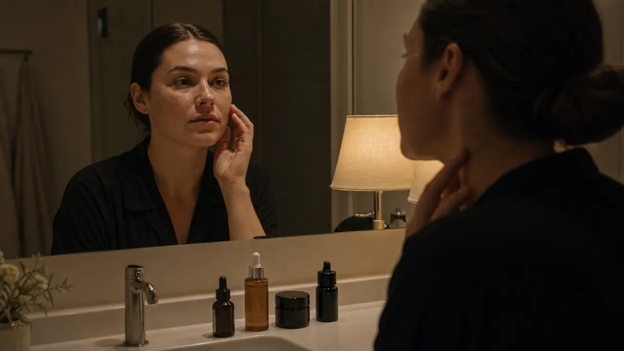 A clean bathroom counter at night with a few skincare products lined up in order of use, warm lamp light in the background