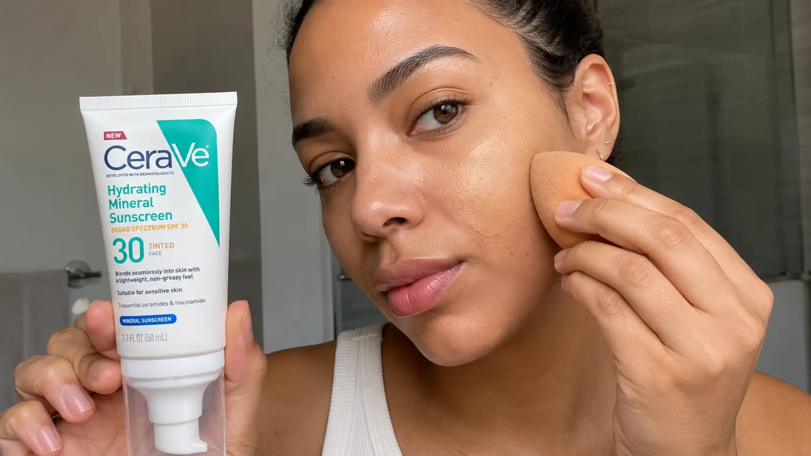 Damp makeup sponge being used to press sunscreen over light foundation for midday reapplication