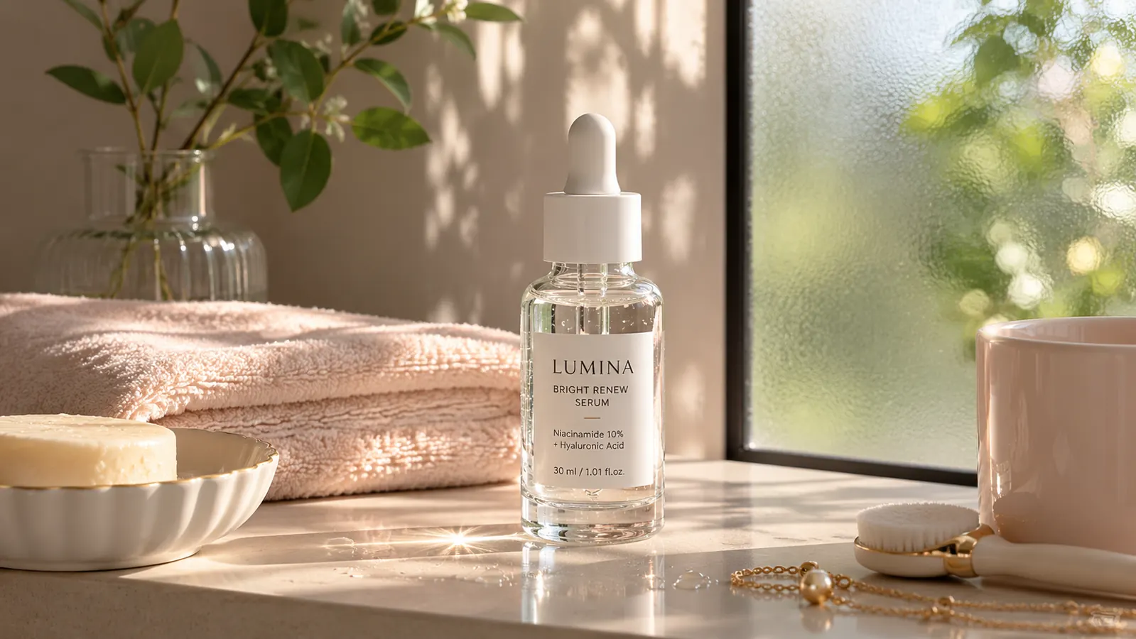 Small dropper bottle of The Ordinary Niacinamide 10% serum on a pale bathroom shelf with morning light coming through frosted glass