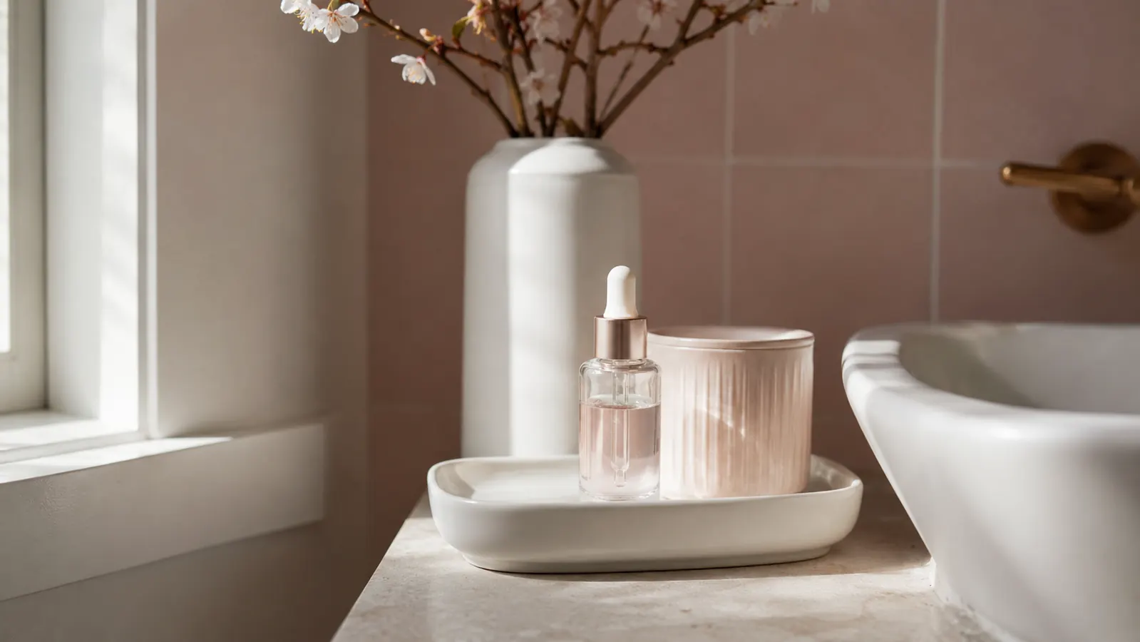 A small glass dropper bottle of clear serum sitting on a white ceramic tray beside a cotton face pad and a sprig of dried eucalyptus