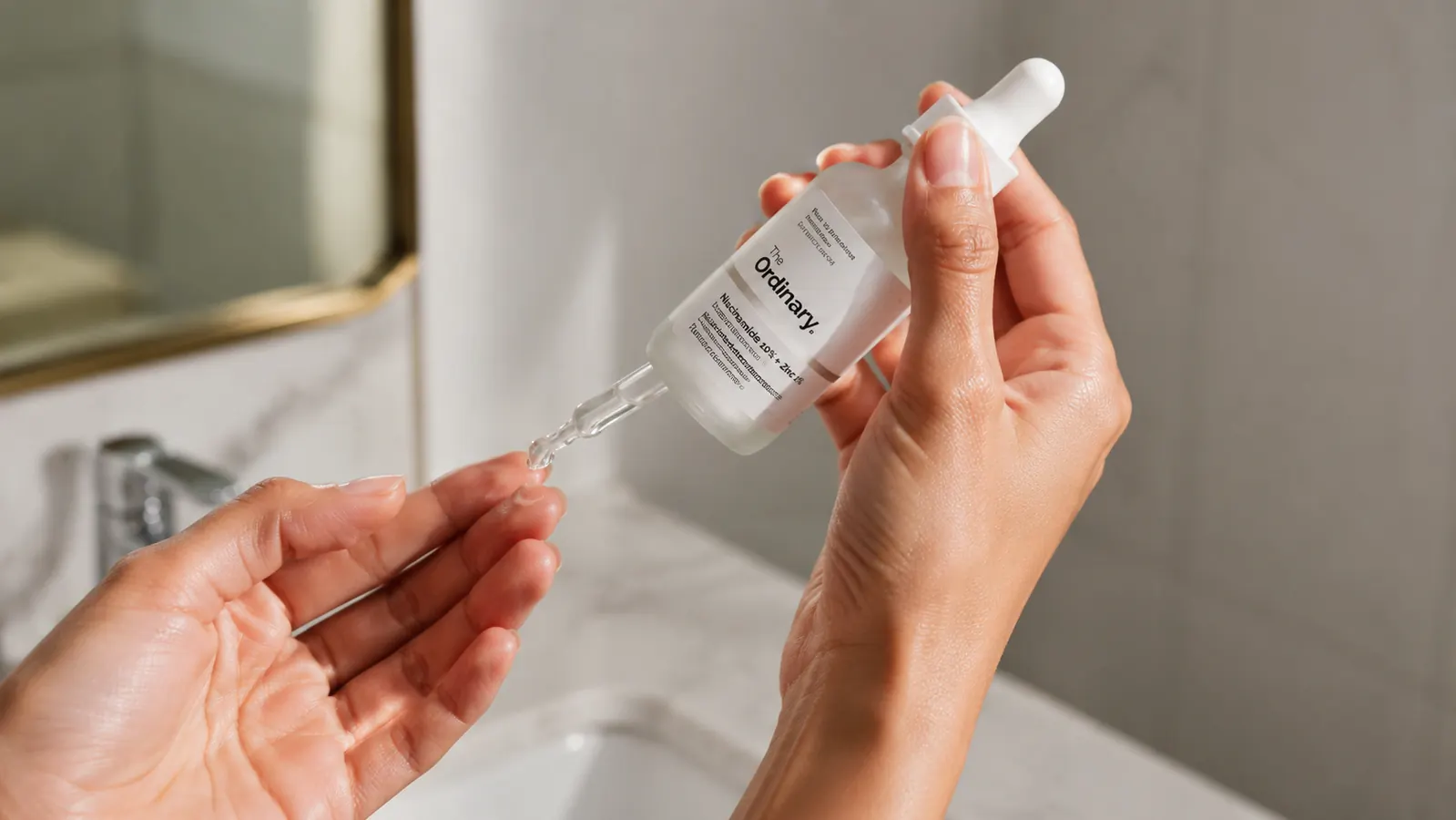 Hand holding a small serum bottle and dispensing two drops onto fingertips over a ceramic sink