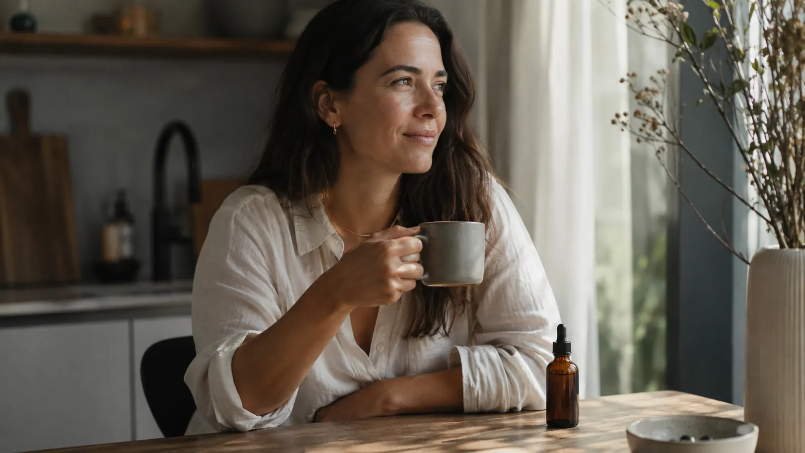 Woman in her 30s at a kitchen table with a coffee mug and a small bottle of serum, relaxed morning expression