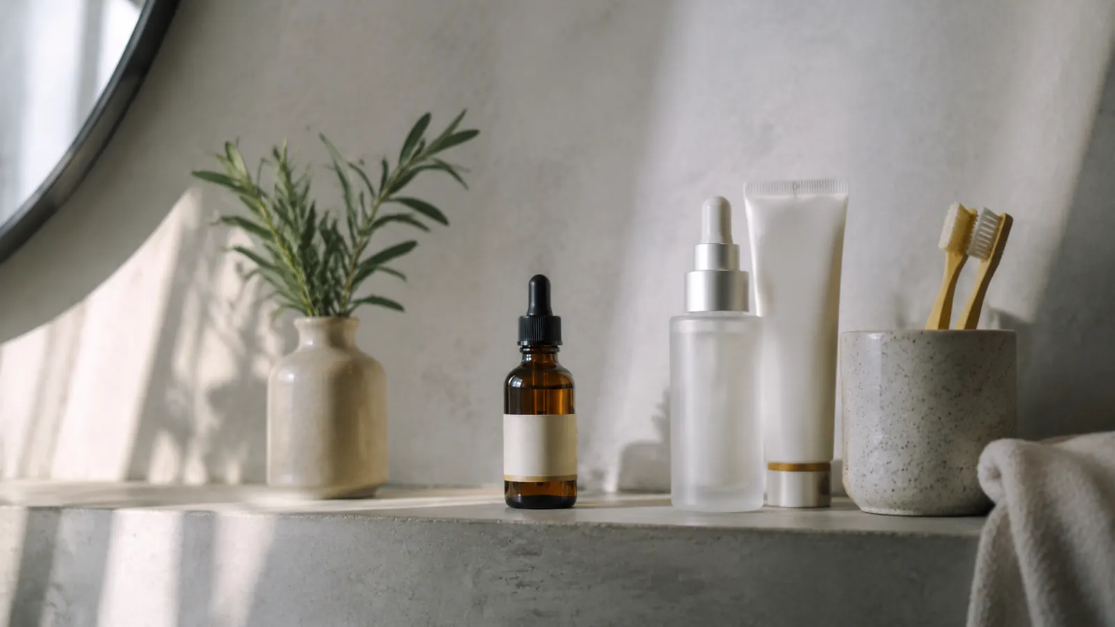 Small dropper bottle of niacinamide serum sitting on a white bathroom shelf next to a bar of soap and a folded towel, morning light
