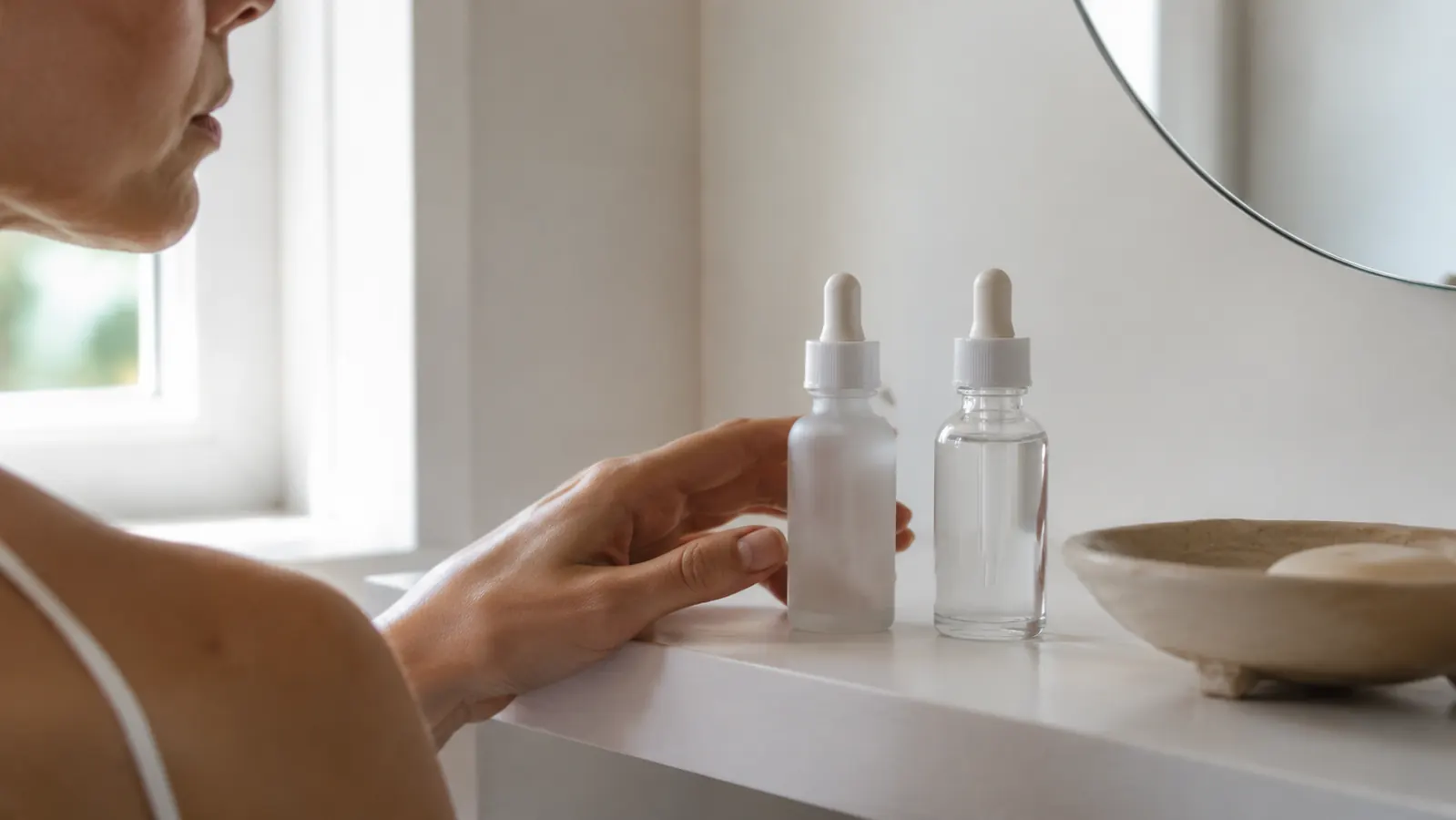 Two small serum bottles side by side on a white bathroom shelf, morning light coming through a frosted window