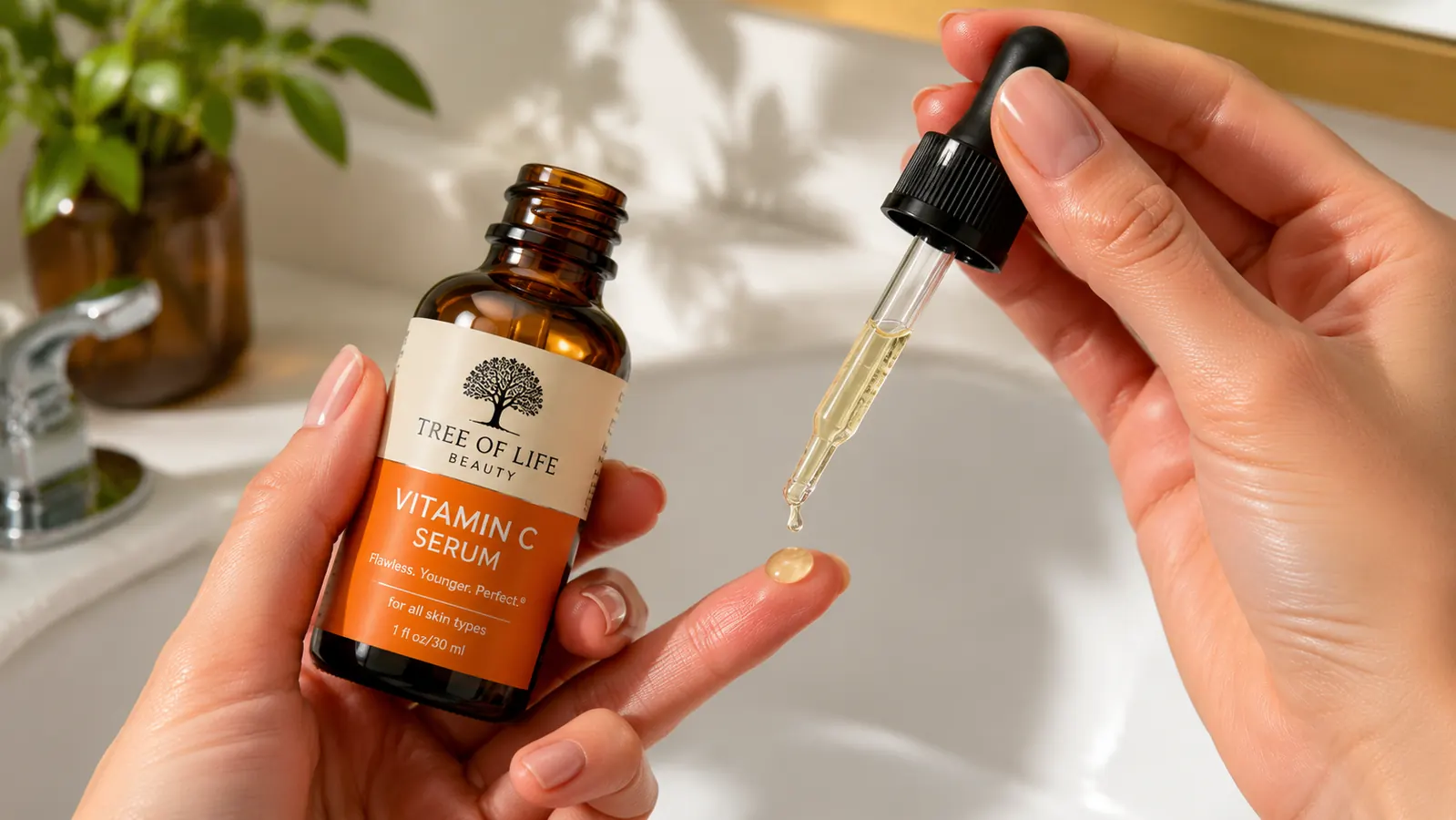 Hand pressing a few drops of vitamin C serum onto a fingertip over a white sink