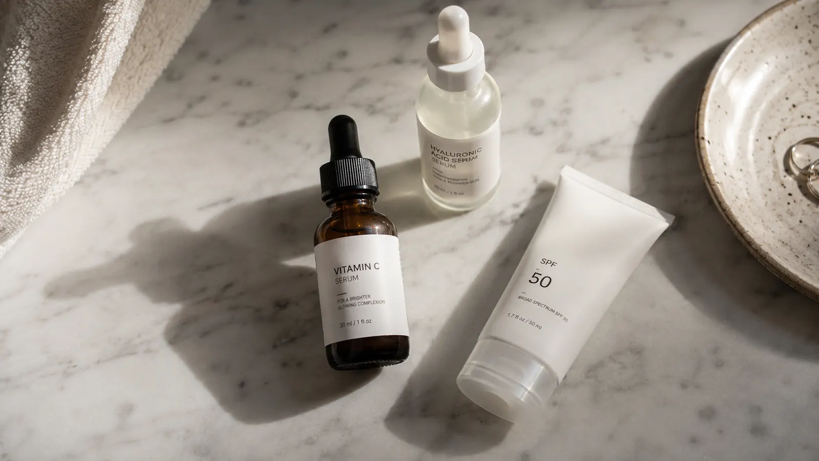 Flat lay of skincare routine products on a marble surface including a vitamin C serum and moisturizer