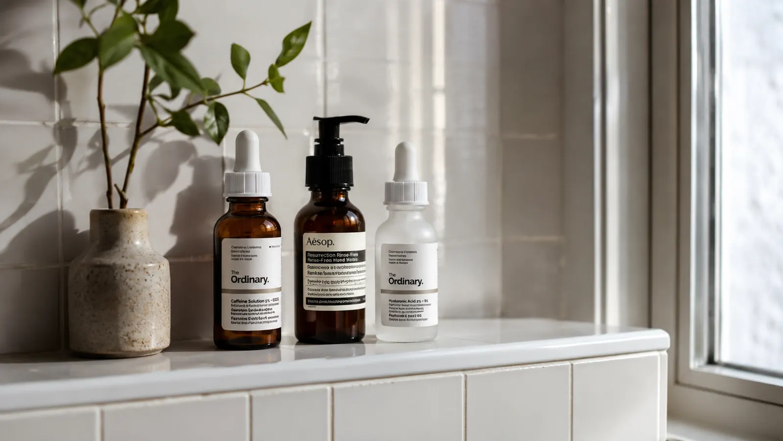 Small skincare bottles and a dropper arranged neatly on a bathroom shelf
