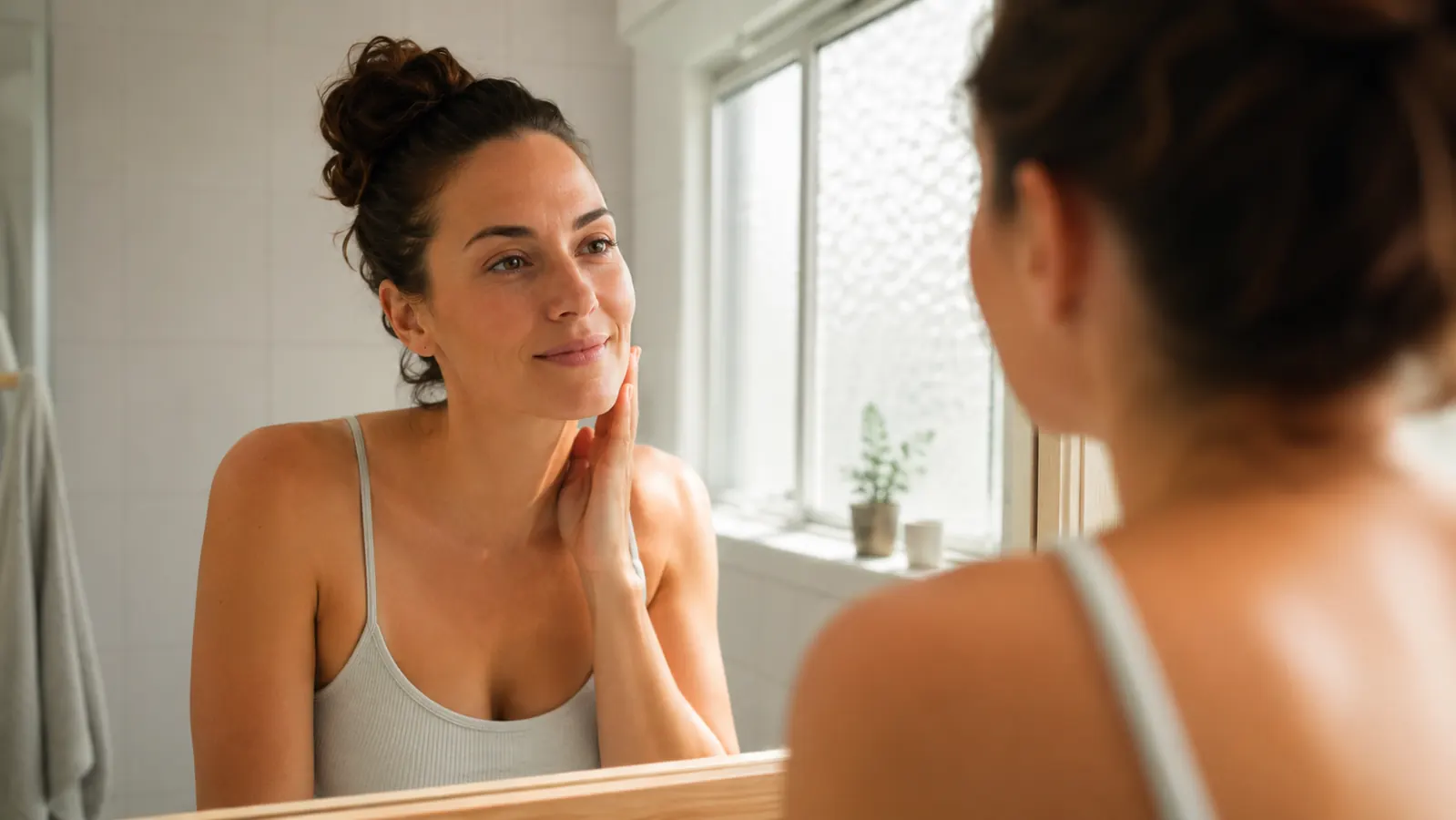 Woman standing at a bathroom sink in soft morning light, looking at her skin in the mirror with a calm, thoughtful expression