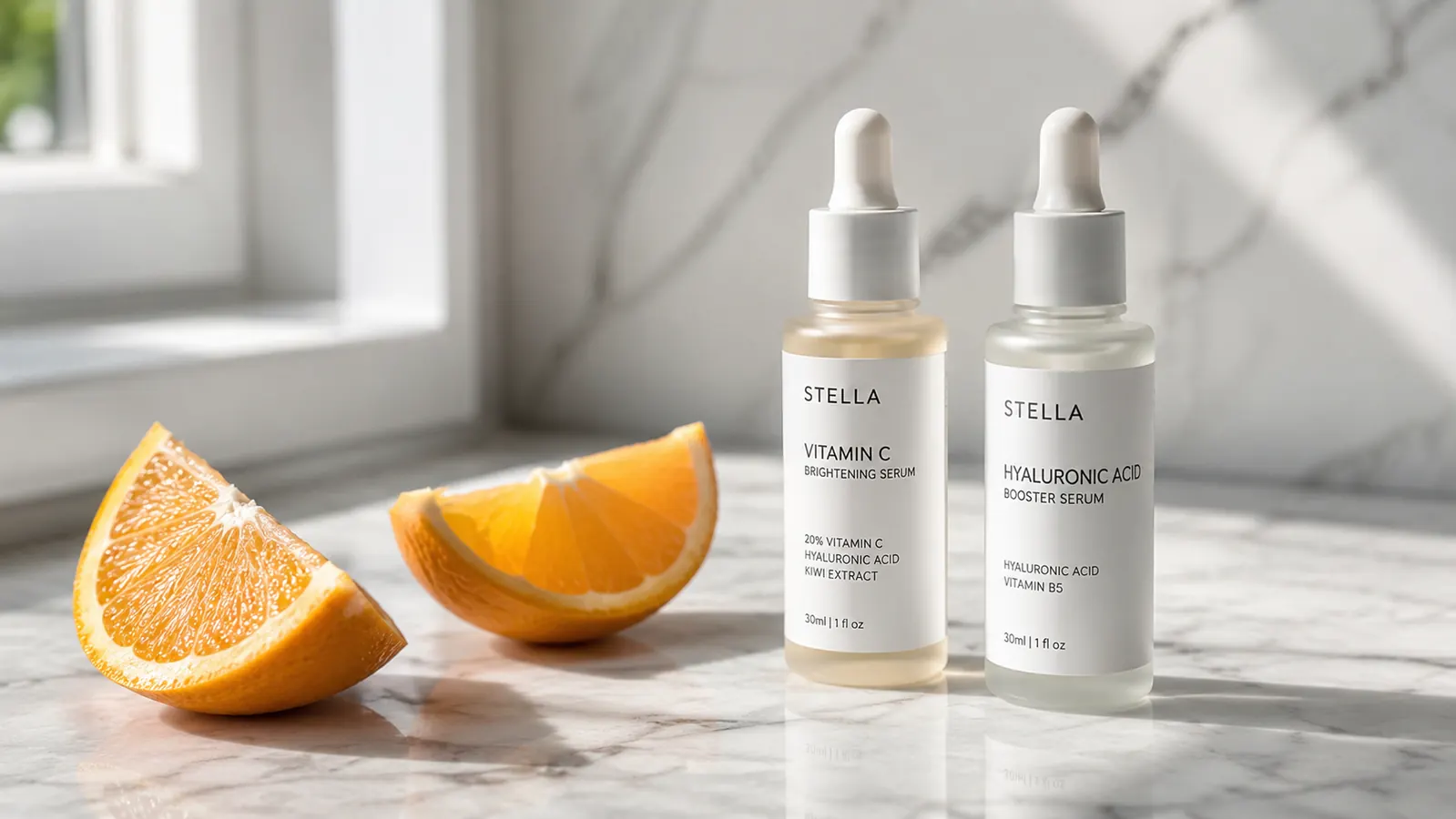 Two vitamin C serum bottles side by side on a white marble surface with fresh orange slices nearby